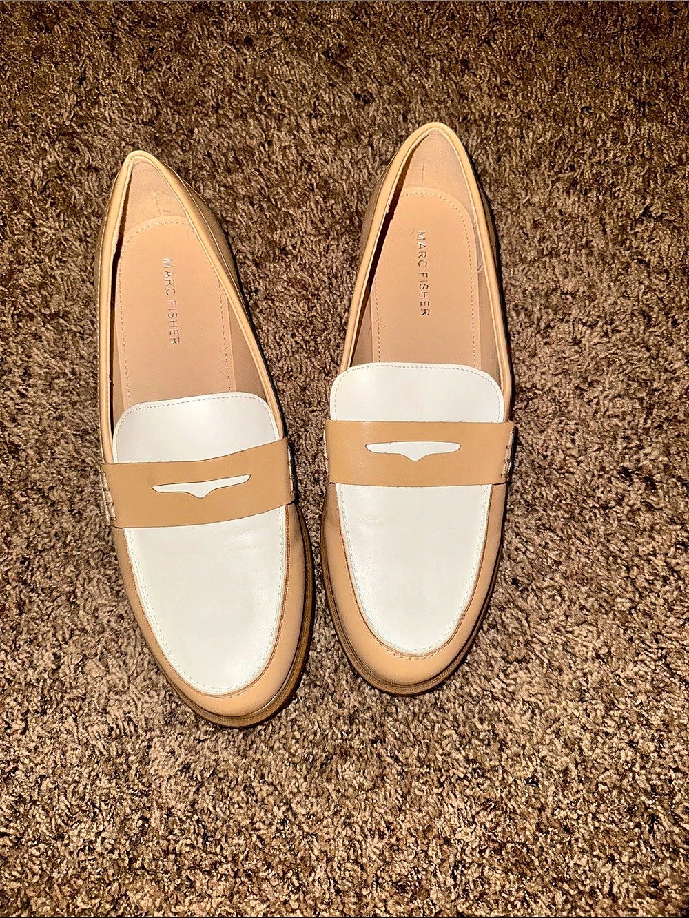 Marc Fisher Calisto Loafer Two-Tone Flats in Tan & White